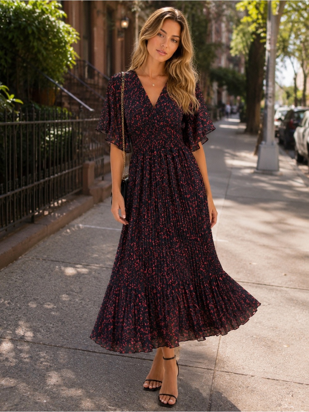 Black and Pink Maxi Pleated Dress with Floral Accents